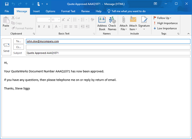 QuoteWerks Approvals Confirmation Email