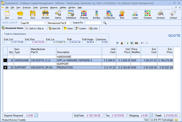 QuoteWerks Price Uplift & Drop utility (before)