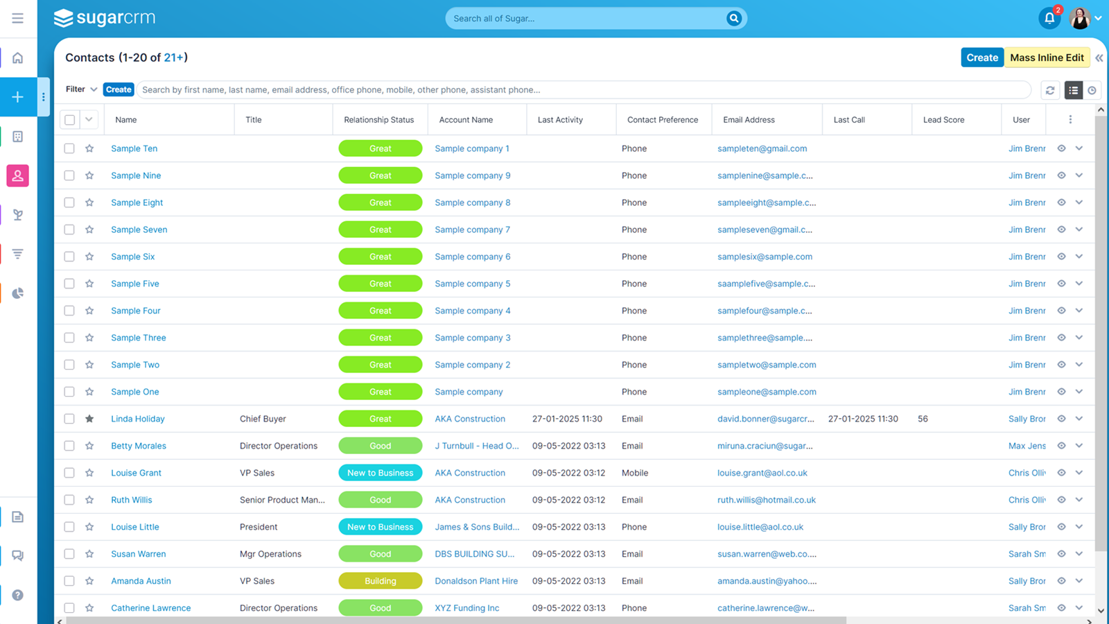 SugarCRM Contacts List